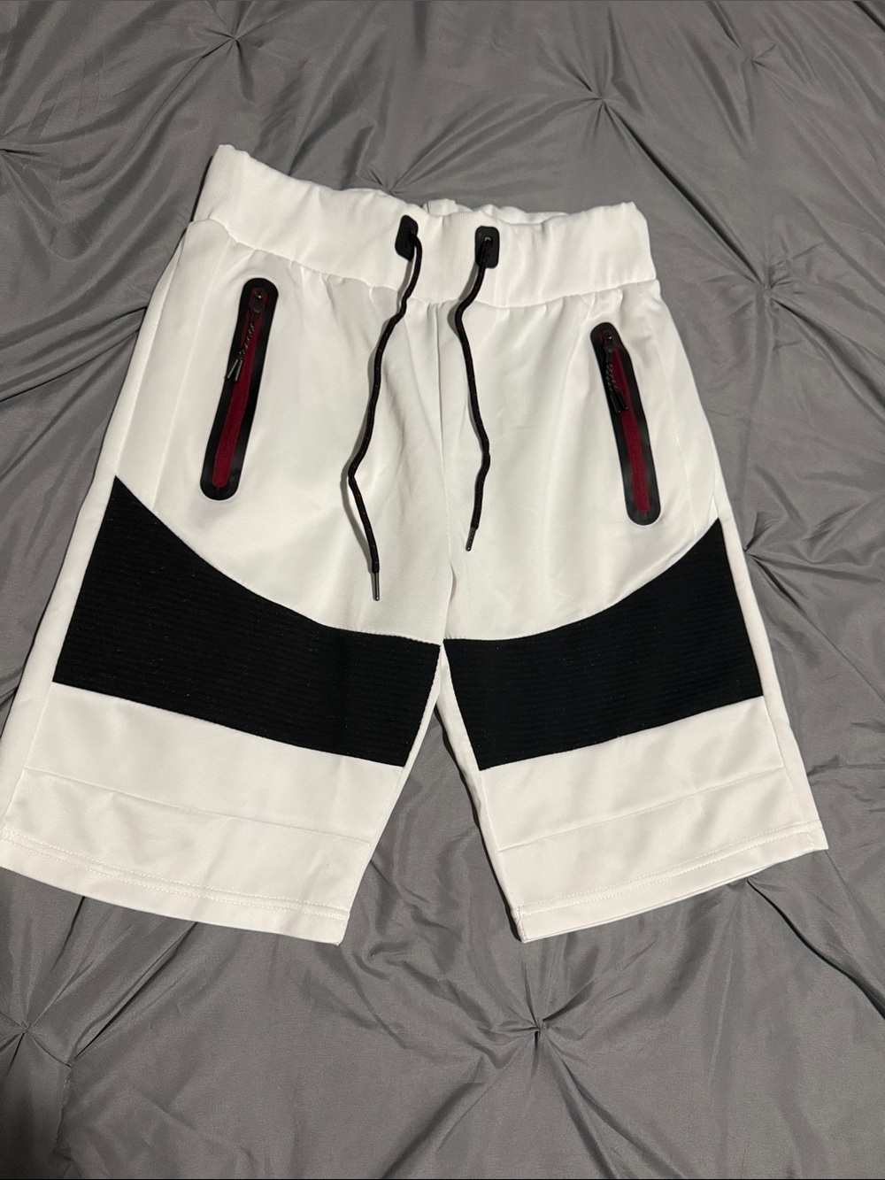 Men's White Athletic Shorts with Black Paneling and Contrast Zips